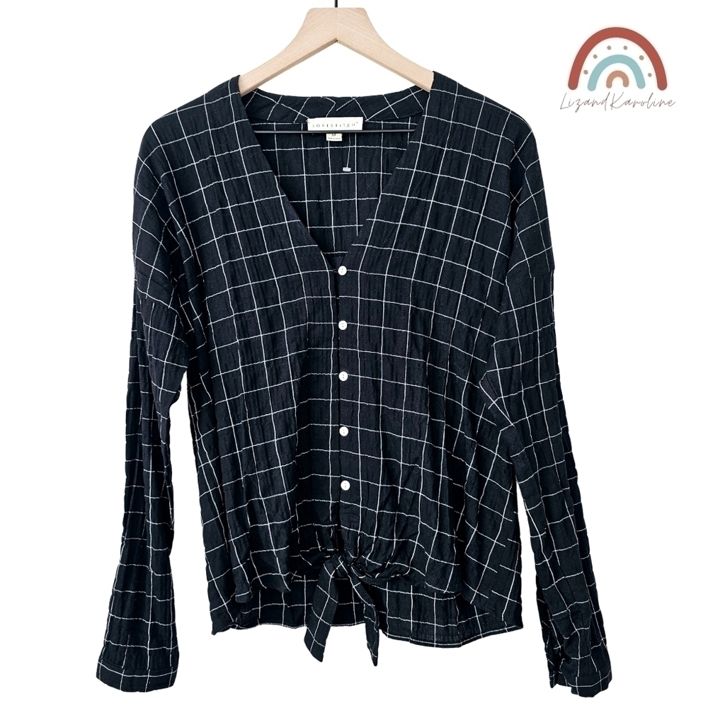 New! Lovestitch Gauzy Plaid Button Down Tie Front Check Long Sleeve Shirt Top